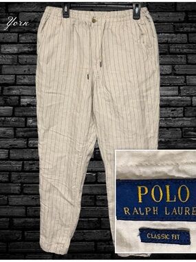 Polo by Ralph Lauren Men’s Linen Cream Pinstripe Drawstring Chinos Trouser Pants